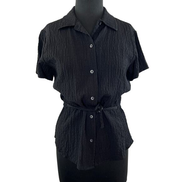 WOOLRICH Crinkle Black Short Sleeve Button-Down Tie Waist Women's Shirt S Small - Picture 1 of 9